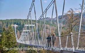 Ein Paar läuft über eine Hängebrücke.